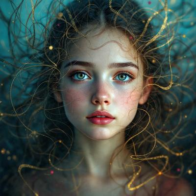 The primary subject of the image is a young girl with long hair. She is the main focus of the image, and her features are prominently displayed. The setting is a blue background, which adds a contrasting color to the scene. The visual style of the image is a combination of photo and digital art, creating a unique and artistic representation of the girl. The colors in the image are predominantly blue and gold, giving the image a serene and elegant atmosphere.